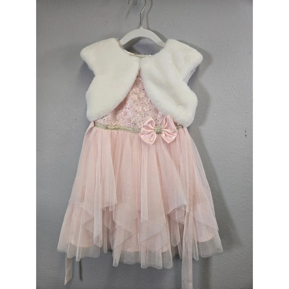 Jona Michelle Pink Tulle Sequin Floral Princess Party Dress with Bolero 4T
